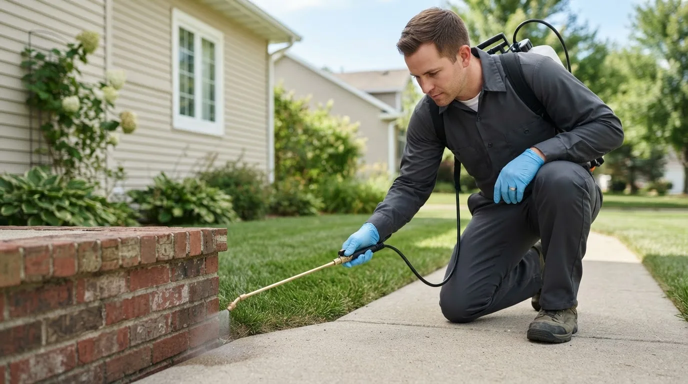 Pest control technician treating a home near Newburgh, IN