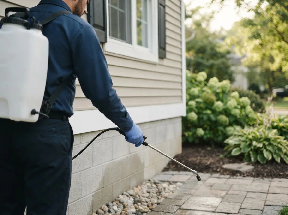 Pest control technician inspecting a home in Newburgh, IN
